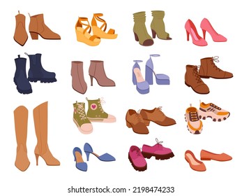 Cartoon Footwear, Modern Shoes, Boots, Sneakers And Clogs. Male And Female Fashion Shoes, Casual Seasonal Footwear Symbols Illustrations Set. Fashionable Shoe Collection