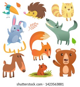 Cartoon forest animals big set. Flat design. Squirrel, hedgehog, hamster, wolf, fox, toucan bird, bear, deer