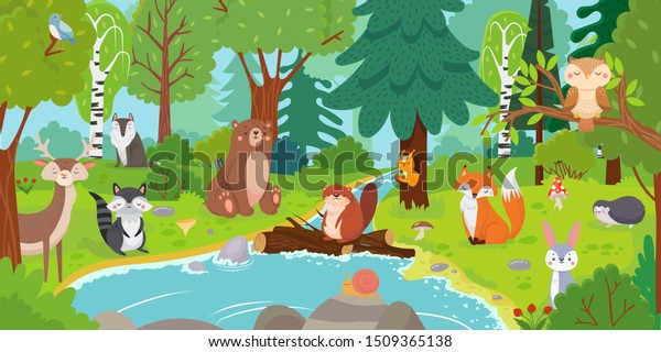 アニメの森の動物 森の木の子どもたちに野生のクマ おかしなリス かわいい鳥がいる 川の背景にキツネ ハリネズミのオオカミ 鹿の木の国のキャラクター の イラスト素材