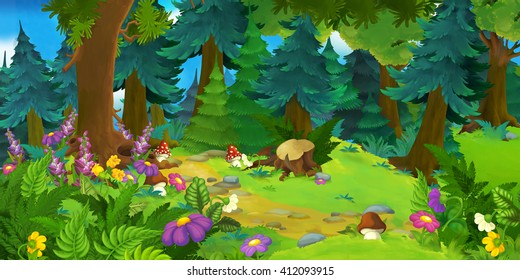 Cartoon Forest Scene Illustration Children Stock Illustration 410113678 ...