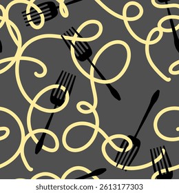 Cartoon fork and pasta seamless pattern for wrapping paper and fabrics and kids clothes print and menu and shops packaging