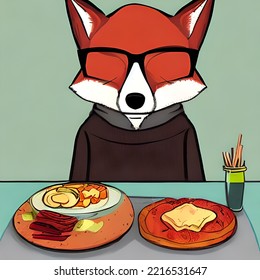 Cartoon Fox Eating Food And With  Wearing Glasses Anime, Fox Cartoon Breakfast