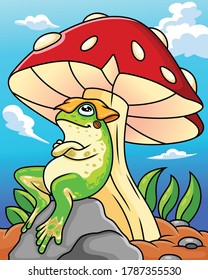 cartoon frog is relaxing mushroom against background blue sky