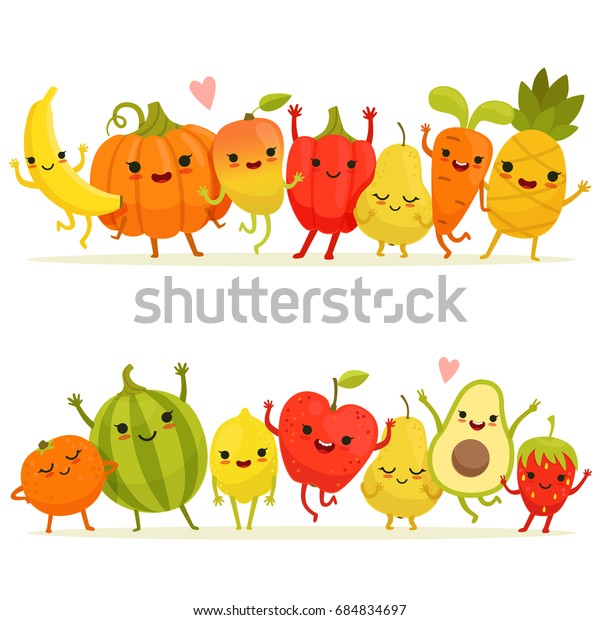 漫画の果物と野菜をグループ化 にこやかな顔をした幸せなマスコット のイラスト素材