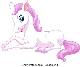 Cartoon funny beautiful baby pony sitting isolated on white background
