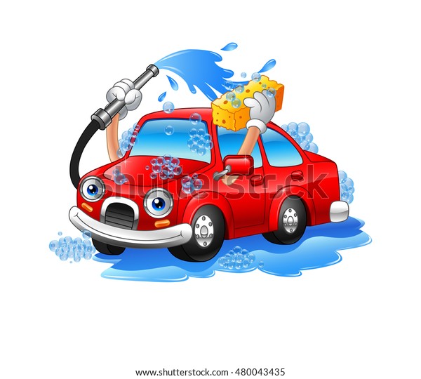 Cartoon\
funny car washing with water pipe and\
sponge