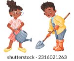 Cartoon funny cute illustration. Little African American girl in glasses watering and Boy Digging with Shovel. Farm Style. Interesting lovely characters. Isolated digital watercolor elements handmade