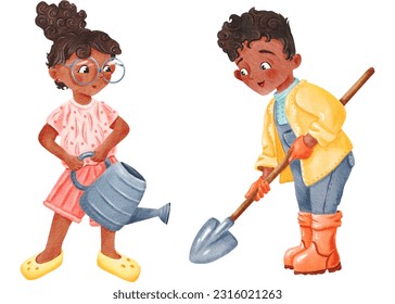 Cartoon funny cute illustration. Little African American girl in glasses watering and Boy Digging with Shovel. Farm Style. Interesting lovely characters. Isolated digital watercolor elements handmade - Powered by Shutterstock