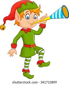 Cartoon Funny Elf Blowing Trumpet