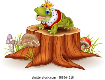 Cartoon funny frog king sitting tree stump