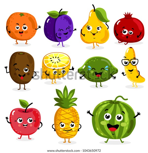 白い背景にカートーンのおかしな果実のキャラクター 面白いフルーツの顔のアイコン のイラスト素材