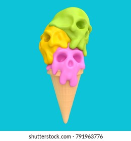 Cartoon funny ice cream skull. Stylish cute colorful children illustration isolated on simple background. Template for design project. Realistic 3d render.