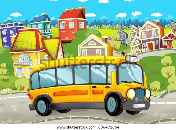 cartoon funny looking bus driving through the\
city - illustration for\
children