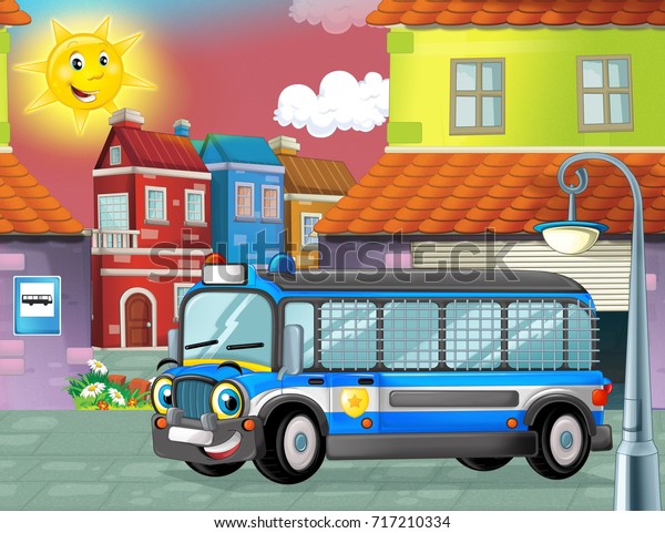 cartoon funny looking bus parking near the\
garage - illustration for\
children