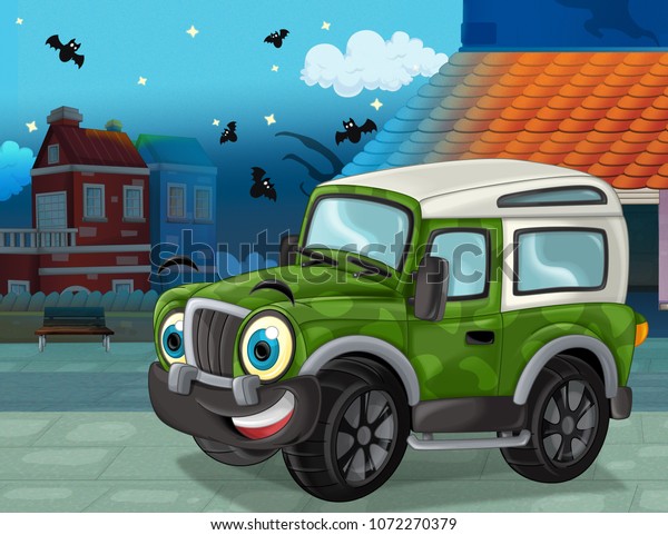 cartoon funny looking military off road truck\
driving through the city or parking near the garage - illustration\
for children