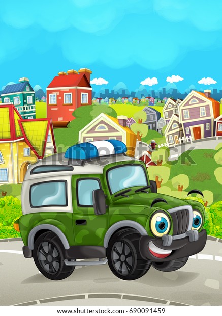 cartoon funny looking military\
off road truck driving through the city - illustration for\
children