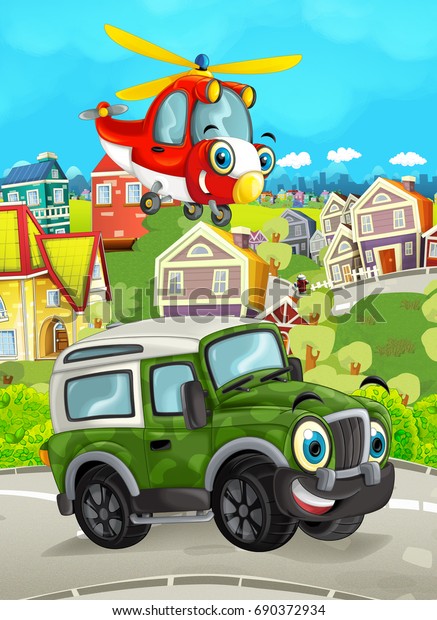 cartoon funny\
looking off road truck driving through the city helicopter flying\
over - illustration for\
children