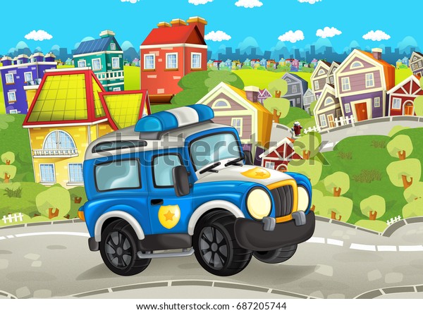 cartoon funny looking policeman\
off road truck driving through the city - illustration for\
children