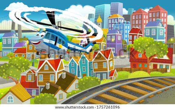 Cartoon funny looking scene\
with police helicopter in the city - illustration for\
children