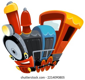 Cartoon Funny Looking Steam Train - Isolated On White Background - Illustration For Children