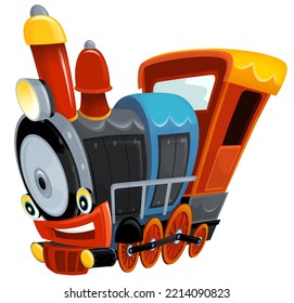 Cartoon Funny Looking Steam Train - Isolated On White Background - Illustration For Children