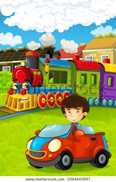 Cartoon funny looking steam train going through\
the city and kid driving in toy car in front of it - illustration\
for children