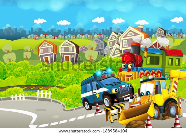Cartoon funny looking train near the city with\
police car and excavator digger car driving and plane flying -\
illustration for\
children