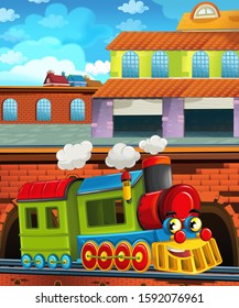 Cartoon Funny Looking Train On The Train Station Near The City - Illustration For Children