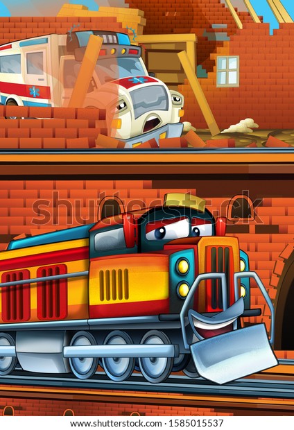 Cartoon\
funny looking train on the train station near the city and\
ambulance car driving - illustration for\
children