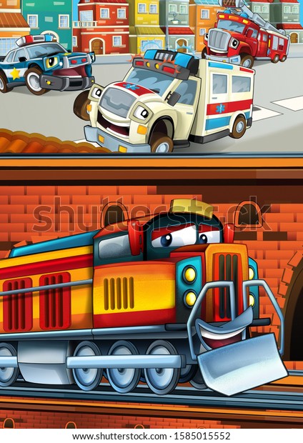 Cartoon
funny looking train on the train station near the city and
ambulance car driving - illustration for
children