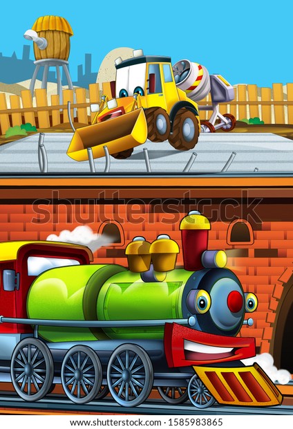 Cartoon funny looking train on the train station\
near the city and excavator digger car driving - illustration for\
children