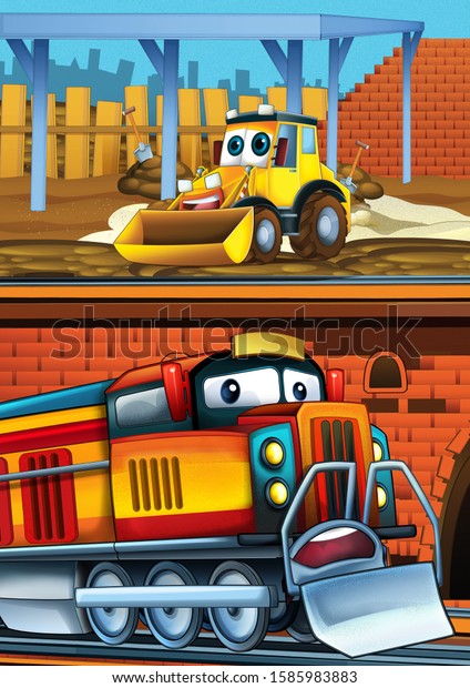 Cartoon funny looking train on the train station
near the city and excavator digger car driving - illustration for
children
