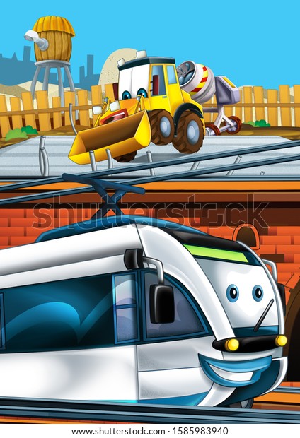 Cartoon funny looking train on the train station\
near the city and excavator digger car driving - illustration for\
children
