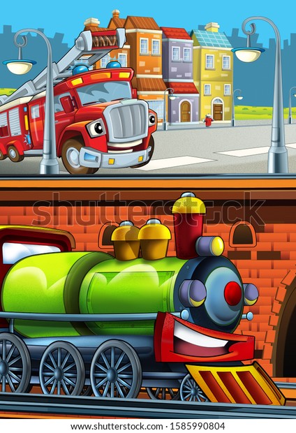 Cartoon\
funny looking train on the train station near the city and fireman\
truck car driving - illustration for\
children