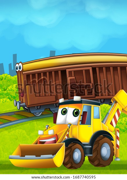 Cartoon funny looking train on the train station\
near the city and excavator digger car driving and plane flying -\
illustration for\
children