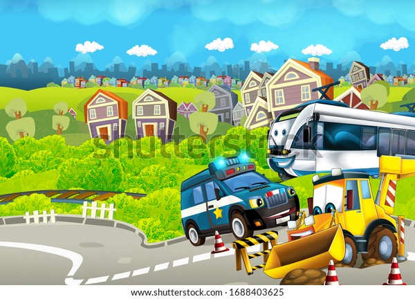 Cartoon funny looking train on the train station\
near the city and excavator digger car driving and plane flying -\
illustration for\
children