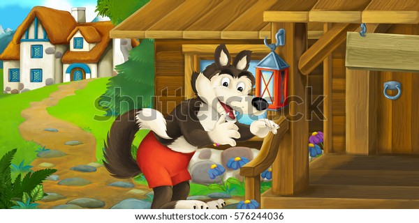 Cartoon Funny Scene Wolf Front Wooden Stock Illustration 576244036