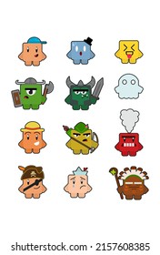 Cartoon funny sprites icons character for games.Non-fungible token Blockchain Game. NFT design.Emoji web stickers faces. Skins. Land crypto art.Emotions Sprite. Spritesheet Animations.Square skin.