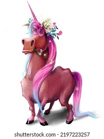 Cartoon Funny Unicorn With Floral Wreath