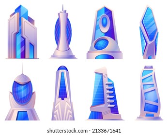 Cartoon Futuristic City Buildings And Skyscrapers Glass Construction. Alien Or Future Tower Build, Urban Cyberpunk Architecture  Set. Unusual Shaped Architecture For Office Or Apartment