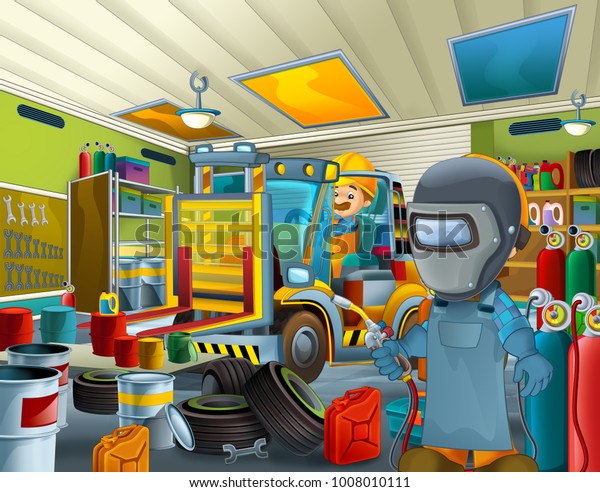 cartoon garage with mechanic worker in some
additional safety cover repearing vehicle - welder with mask and
welding tool
