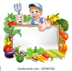 A cartoon gardener holding a gardening tool and giving a thumbs up with a sign surrounded by vegetables and fruit garden produce - Powered by Shutterstock