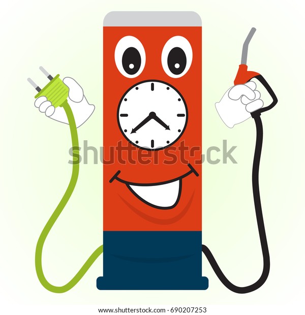Cartoon gas station with a filling nozzle and\
electric plug in\
hands.