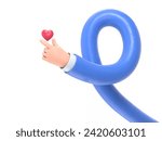 Cartoon Gesture Icon Mockup.Stylized Cartoon 3D Rendering Hand Gesture Represents the Finger Heart Symbol,a Message of Love.3D rendering on white background.long arms concept.
