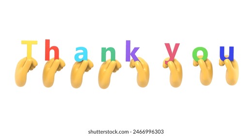 Cartoon Gesture Icon Mockup.Thank you. A group of people hold big letters. Word in hand. Colored letters. Landing pageof gratitude. 3d illustration flat design.3D rendering on white background. - Powered by Shutterstock