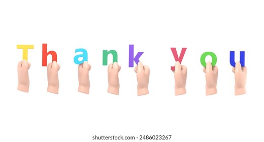 Cartoon Gesture Icon Mockup.Thank you. A group of people hold big letters. Word in hand. Colored letters. Landing pageof gratitude. 3d illustration flat design.3D rendering on white background. - Powered by Shutterstock