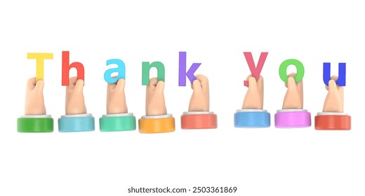 Cartoon Gesture Icon Mockup.Thank you. A group of people hold big letters. Word in hand. Colored letters. Landing pageof gratitude. 3d illustration flat design.3D rendering on white background. - Powered by Shutterstock