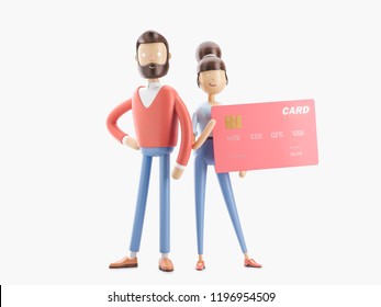 Cartoon Girl And Boy With A Big Credit Card. 3d Illustration