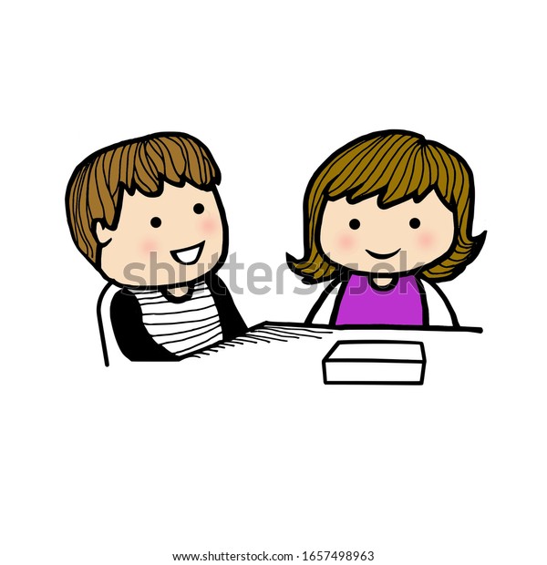 Cartoon Girl Boy Talking While Sitting Stock Illustration