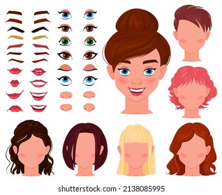 Cartoon girl face constructor, woman character avatar creator. Female face generator with eyes, brows, lips, noses  illustration set. Girl face construction. Blond, red, brunette hair